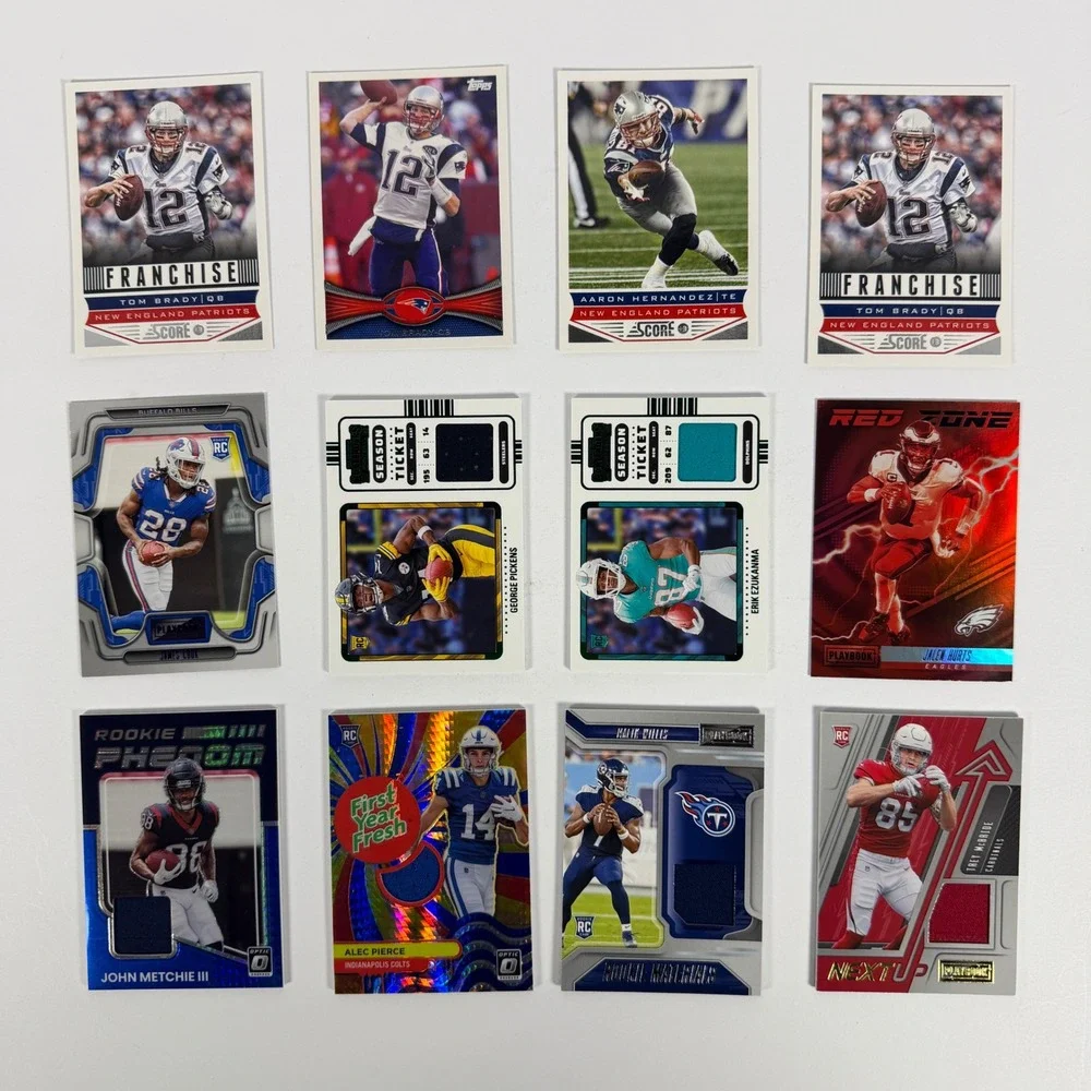 NFL Football Card Lot Tom Brady Jalen Hurts Rookie Relics Pickens Willis 12ct
